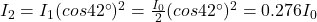 I_2=I_1 (cos 42^{\circ})^2=\frac{I_0}{2}(cos 42^{\circ})^2=0.276I_0