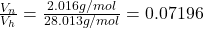 \frac{V_n}{V_h} = \frac{2.016 g/mol}{28.013 g/mol} = 0.07196