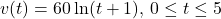 \displaystyle v(t)=60\ln(t+1),\, 0 \leq t \leq 5