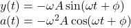 y(t) = -\omega A\sin(\omega t + \phi)\\a(t) = -\omega^2 A\cos(\omega t + \phi)