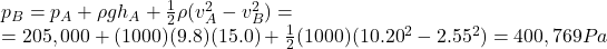 p_B = p_A + \rho g h_A + \frac{1}{2}\rho (v_A^2-v_B^2)=\\=205,000+(1000)(9.8)(15.0)+\frac{1}{2}(1000)(10.20^2-2.55^2)=400,769 Pa