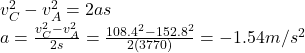 v_C^2-v_A^2=2as\\a=\frac{v_C^2-v_A^2}{2s}=\frac{108.4^2-152.8^2}{2(3770)}=-1.54 m/s^2