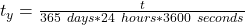 t_y  =  \frac{t}{365\ days * 24 \ hours * 3600\ seconds}