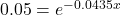 0.05 = e^{-0.0435x}