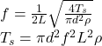 f=\frac{1}{2L} \sqrt{\frac{4T_{s} }{\pi d^{2}\rho  } } \\T_{s} =\pi d^{2} f^{2} L^{2} \rho