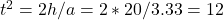 t^2 = 2h/a = 2*20/3.33 = 12