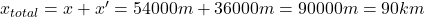 x_{total}=x+x'=54000m+36000m=90000m=90km
