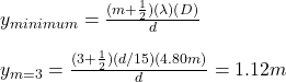 y_{minimum}=\frac{(m+\frac{1}{2})(\lambda)(D)}{d}\\\\y_{m=3}=\frac{(3+\frac{1}{2})(d/15)(4.80m)}{d}=1.12m