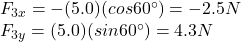 F_{3x}=-(5.0)(cos 60^{\circ})=-2.5 N\\F_{3y}=(5.0)(sin 60^{\circ})=4.3 N