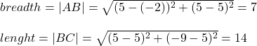 breadth=|AB|=\sqrt{(5-(-2))^2+(5-5)^2} =7\\\\lenght=|BC|=\sqrt{(5-5)^2+(-9-5)^2} =14