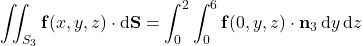 \displaystyle\iint_{S_3}\mathbf f(x,y,z)\cdot\mathrm d\mathbf S=\int_0^2\int_0^6\mathbf f(0,y,z)\cdot\mathbf n_3\,\mathrm dy\,\mathrm dz