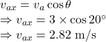 v_{ax}=v_a\cos \theta\\\Rightarrow v_{ax}=3\times \cos 20^{\circ}\\\Rightarrow v_{ax}=2.82\ \text{m/s}