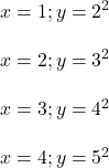 x=1;y=2^{2} \\\\x=2;y=3^2\\\\x=3;y=4^2\\\\x=4;y=5^2