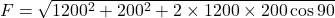F=\sqrt{1200^2+200^2+2\times1200\times200\cos90}