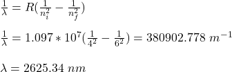 \frac{1}{\lambda} = R(\frac{1}{n_i^2} - \frac{1}{n_f^2})\\\\\frac{1}{\lambda}  = 1.097*10^7(\frac{1}{4^2} - \frac{1}{6^2}) = 380902.778 \ m^{-1}\\\\\lambda = 2625.34 \ nm