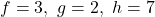 f=3,\ g=2,\ h=7