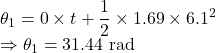 \theta_1=0\times t+\dfrac{1}{2}\times 1.69\times 6.1^2\\\Rightarrow \theta_1=31.44\ \text{rad}