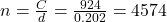n = \frac{C}{d}  = \frac{924}{0.202} = 4574