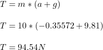 T = m* ( a + g )\\\\T = 10*( -0.35572 + 9.81 )\\\\T = 94.54 N