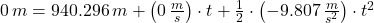 0\,m = 940.296\,m+\left(0\,\frac{m}{s} \right)\cdot t+\frac{1}{2}\cdot \left(-9.807\,\frac{m}{s^{2}} \right) \cdot t^{2}