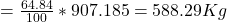 = \frac{64.84}{100} * 907.185 = 588.29 Kg