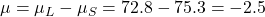 \mu = \mu_L - \mu_S = 72.8 - 75.3 = -2.5