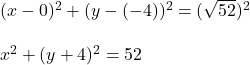 (x - 0)^2 + (y -( - 4))^2 = (\sqrt{52})^2\\\\x^2 + ( y+ 4)^2 = 52