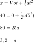 x = Vot + \frac{1}{2}at^2\\\\40=0+\frac{1}{2}a(5^2 )\\\\80=25a\\\\3,2=a