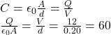 C = \epsilon_0\frac{A}{d} = \frac{Q}{V}\\\frac{Q}{\epsilon_0 A} = \frac{V}{d} = \frac{12}{0.20} = 60