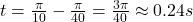 t=\frac{\pi}{10} -\frac{\pi}{40} =\frac{3 \pi}{40} \approx 0.24s