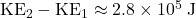 \rm KE_2 - KE_1 \approx 2.8\times 10^{5}\; \rm J