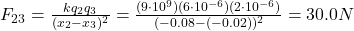 F_{23}=\frac{kq_2 q_3}{(x_2-x_3)^2}=\frac{(9\cdot 10^9)(6\cdot 10^{-6})(2\cdot 10^{-6})}{(-0.08-(-0.02))^2}=30.0 N