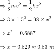 \Rightarrow \dfrac{1}{2}mv^2=\dfrac{1}{2}kx^2 \\\\\Rightarrow 3\times 1.5^2=98\times x^2\\\\\Rightarrow x^2=0.6887\\\\\Rightarrow x=0.829\approx 0.83\ m