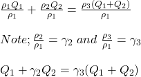 \frac{\rho_1Q_1}{\rho_1}+ \frac{\rho_2Q_2}{\rho_1} =\frac{ \rho_3(Q_1 +Q_2)}{\rho_1}\\\\Note; \frac{\rho_2}{\rho_1} = \gamma_2 \ and \ \frac{\rho_3}{\rho_1} = \gamma_3\\\\Q_1 + \gamma_2Q_2 = \gamma_3(Q_1+Q_2)