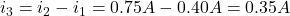i_3=i_2-i_1=0.75A-0.40A=0.35A