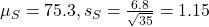 \mu_S = 75.3, s_S = \frac{6.8}{\sqrt{35}} = 1.15