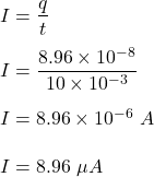 I=\dfrac{q}{t}\\\\I=\dfrac{8.96\times 10^{-8}}{10\times 10^{-3}}\\\\I=8.96\times 10^{-6}\ A\\\\I=8.96\ \mu A