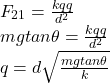 F_{21} =\frac{kqq}{d^{2} } \\mgtan\theta =\frac{kqq}{d^{2} }\\q=d\sqrt{\frac{mgtan\theta }{k} }