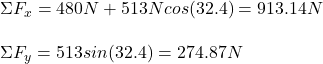 \Sigma F_x=480N+513Ncos(32.4\&deg;)=913.14N\\\\\Sigma F_y=513sin(32.4\&deg;)=274.87N
