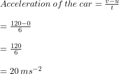 Acceleration  \:   of   \: the \:  car =  \frac{v - u}{t}  \\  \\ =  \frac{120 - 0}{6}  \\  \\  =  \frac{120}{6}  \\  \\  = 20 \: m {s}^{ - 2} 