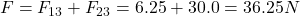 F=F_{13}+F_{23}=6.25+30.0=36.25 N
