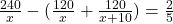 \frac{240}{x}-(\frac{120}{x}+\frac{120}{x+10})=\frac25