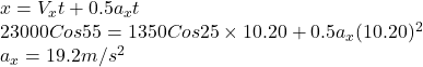 x=V_xt+0.5a_xt\\23000Cos55\textdegree=1350Cos25\textdegree\times10.20+0.5a_x(10.20)^2\\a_x=19.2m/s^2