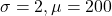 \sigma = 2, \mu = 200