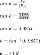 tan \ \theta = \frac{P_y}{|P_x|} \\\\tan \ \theta = \frac{34500}{35000} \\\\tan \ \theta = 0.9857\\\\\theta = tan^{-1} (0.9857)\\\\\theta = 44.6^0