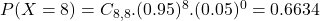 P(X = 8) = C_{8,8}.(0.95)^{8}.(0.05)^{0} = 0.6634