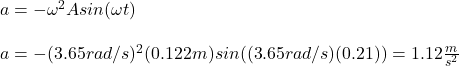 a=-\omega^2 A sin(\omega t)\\\\a=-(3.65rad/s)^2(0.122m)sin((3.65rad/s)(0.21))=1.12\frac{m}{s^2}