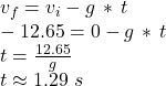 v_f=v_i-g\,*\,t\\-12.65=0-g \,*\,t\\t=\frac{12.65}{g} \\t\approx1.29\,\,s
