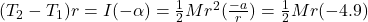(T_2-T_1)r=I(-\alpha)=\frac{1}{2}Mr^2(\frac{-a}{r})=\frac{1}{2}Mr(-4.9)
