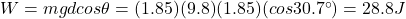 W=mgd cos \theta=(1.85)(9.8)(1.85)(cos 30.7^{\circ})=28.8 J